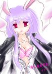  animal_ears bra breasts bunny_ears buttons character_name cleavage collarbone dress_shirt jacket long_hair looking_at_viewer medium_breasts open_clothes open_jacket open_shirt pink_bra pink_hair purple_hair raptor7 reisen_udongein_inaba shirt sidelocks simple_background solo touhou translated underwear white_background white_shirt 