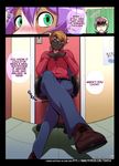  2016 anthro badger black_fur blush brown_fur brown_hair caught chair clenched_teeth clothed clothing comic crossed_legs deckland_(tokifuji) dialogue english_text equine foot_focus fur green_eyes hair horse long_hair male mammal mustelid purple_hair reggie_(tokifuji) sitting smile teeth text tokifuji weasel white_hair 