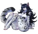  anthro big_breasts big_butt black_fur black_hair blue_eyes breasts butt cleavage clothed clothing eirwen_vaan feline female fur hair hollandworks huge_breasts leopard long_hair looking_at_viewer mammal nipples nude pussy sitting smile snow_leopard solo spots thick_thighs unifawn white_fur 