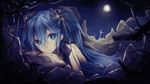  blue_eyes blue_hair dress expressionless hatsune_miku highres long_hair looking_at_viewer lying marchen_noir moon nail_polish night on_stomach outdoors solo twintails vocaloid wallpaper 
