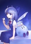  ahoge ainy77 artist_name bad_id bad_pixiv_id blue_dress blue_eyes blue_hair cirno copy_ability crossover dress gradient gradient_background hair_ribbon ice ice_cube ice_wings kirby kirby_(series) looking_at_viewer open_mouth power_connection puffy_sleeves ribbon short_hair short_sleeves sitting touhou wings 