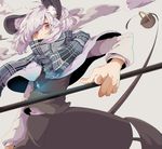  animal_ears basket black_skirt capelet covered_mouth dowsing_rod dust_cloud earrings grey_hair jewelry long_sleeves looking_at_viewer mouse_ears mouse_tail namataro nazrin pendant plaid plaid_scarf red_eyes scarf scarf_over_mouth short_hair skirt skirt_set solo tail touhou 