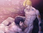  2boys abs ass bara black_hair blonde_hair blush cum dino drooling eslicho_(sho_chan) fellatio hibari_kyouya katekyo_hitman_reborn! male_focus multiple_boys muscle nipples nude oral pecs saliva tattoo yaoi 