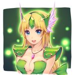  1girl armor arms_at_sides bangs blue_eyes blush border bow breasts cleavage collarbone dress emerald eyebrows eyebrows_visible_through_hair fireflies gem green_background green_bow green_dress hair_bow hairband head_wings jewelry long_hair medium_breasts necklace open_mouth parted_bangs pendant riesz round_teeth ruby_(stone) seiken_densetsu seiken_densetsu_3 shoulder_armor shoulder_pads sidelocks simple_background solo spaulders tareme teeth upper_body white_border 