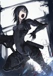 action aqua_eyes arched_back black_hair blood bodysuit commentary_request gun hetza_(hellshock) looking_to_the_side md5_mismatch military open_mouth original short_hair snap-fit_buckle solo weapon 