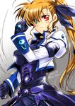  2016 angry blonde_hair bodysuit clenched_hands dated frown green_eyes heterochromia highres jacket long_hair lyrical_nanoha magical_girl mahou_shoujo_lyrical_nanoha_vivid older red_eyes san-pon side_ponytail solo twitter_username vivio 
