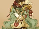  arm_belt brown_background chain ear_clip earrings expressionless gears green_eyes green_hair hair_ornament hair_ribbon hairclip hat hatsune_miku heart jewelry long_hair marchen_noir musical_note pocket_watch puffy_sleeves quarter_note ribbon shirt simple_background single_wing solo steampunk top_hat treble_clef twintails upper_body vocaloid watch white_wing wings 