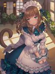  animal_ears apron aqua_eyes blue_eyes blush bow breasts brown_hair cat_ears cat_tail commentary_request facial_mark final_fantasy final_fantasy_xiv hair_ribbon highres holding indoors long_hair maid_headdress medium_breasts miqo'te momoko_(momopoco) plant potted_plant revision ribbon ribbon-trimmed_clothes ribbon_trim slit_pupils solo tail tray v_arms waitress wrist_cuffs 