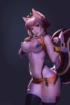  1girl animal_ears areolae bare_shoulders blazblue breasts breasts_outside brown_hair curvy eva_solo large_breasts looking_at_viewer makoto_nanaya navel nipples parted_lips red_eyes solo squirrel_ears squirrel_tail tail thick_thighs thighhighs tonfa wide_hips 