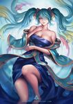  aqua_eyes aqua_hair bare_shoulders breasts cleavage curvy hair_over_one_eye highres large_breasts league_of_legends long_hair looking_at_viewer oopartz_yang parted_lips solo sona_buvelle thighs wide_hips 