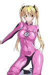  bakuon!! bangs biker_clothes bikesuit black_ribbon blonde_hair bodysuit breasts closed_mouth commentary_request hair_ribbon highres large_breasts long_hair long_sleeves looking_at_viewer ozaneko pink_bodysuit ribbon simple_background skin_tight smile solo standing standing_on_one_leg suzunoki_rin twintails white_background yellow_eyes 