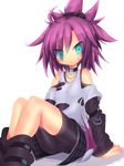  aqua_eyes bare_shoulders bike_shorts character_request emil_chronicle_online flat_chest kyuusui_gakari looking_at_viewer purple_eyes scarf short_hair shorts shorts_under_skirt sitting skirt smile solo spiked_hair torn_clothes urchin_alma 