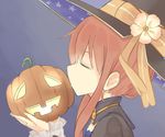  atelier_(series) atelier_ayesha closed_eyes flower from_side hat hat_flower issun_boushi_(taku37taku) kiss object_kiss orange_hair print_hat profile pumpkin sidelocks solo star star_print tied_hair upper_body wilbell_voll=erslied witch witch_hat 