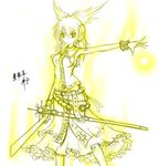  aura belt bracelet character_name cowboy_shot earrings energy_ball frilled_skirt frills headphones hips jewelry long_hair looking_at_viewer monochrome multiple_belts outstretched_arm raptor7 scabbard sheath sheathed simple_background sketch skirt solo spread_fingers sword touhou toyosatomimi_no_miko translated vest weapon white_background 