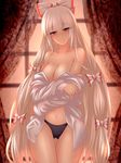  black_panties blush breasts cleavage collarbone curtains fujiwara_no_mokou hair_ribbon head_tilt hijikawa_arashi large_breasts long_hair long_sleeves looking_at_viewer midriff navel no_bra no_pants nose_blush off_shoulder open_clothes open_shirt panties red_eyes ribbon shirt smile solo thigh_gap touhou tress_ribbon underwear very_long_hair white_hair 