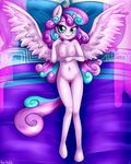  2016 absurd_res aged_up anibaruthecat anthro anthrofied bed blush equine feathered_wings feathers female flurry_heart_(mlp) friendship_is_magic hair hi_res horn long_hair looking_at_viewer lying mammal multicolored_hair my_little_pony navel nipples nude on_back on_bed pillow smile solo two_tone_hair winged_unicorn wings 