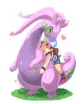  :d bow brown_hair closed_eyes gen_6_pokemon goodra grass hat heart nishimura_(prism_engine) open_mouth pokemon pokemon_(creature) pokemon_(game) pokemon_xy riding round_teeth shirt short_shorts shorts slime smile striped striped_shirt teeth twintails wristband 