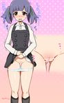 ass ass_visible_through_thighs belt black_hair blouse blue_hair blush brown_eyes buttons censored commentary_request dress dress_lift fat_mons grey_legwear highres kantai_collection kneehighs kyanpero long_sleeves looking_at_viewer ooshio_(kantai_collection) open_mouth panties panty_pull pinafore_dress pussy remodel_(kantai_collection) sleeveless sleeveless_dress solo tears thigh_gap thighs translation_request trembling twintails underwear wavy_mouth white_blouse white_panties 