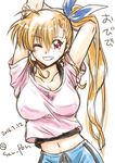  2016 arm_up blonde_hair blush breasts dated grin hand_behind_head large_breasts long_hair looking_at_viewer lyrical_nanoha mahou_shoujo_lyrical_nanoha_vivid older one_eye_closed red_eyes san-pon side_ponytail smile solo translation_request twitter_username vivio 