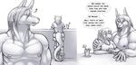  2014 anthro barefoot beverage biceps canine clothed clothing comic dialogue dragon duo english_text food fur hair hi_res kalnareff kalnareff_(character) long_hair male mammal meade monochrome muscular nipple_piercing nipples pecs piercing rear_view scalie shirt sitting size_difference speech_bubble text topless 