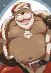 2018 anthro belly blush brown_fur christmas clothing emufu eyes_closed facial_hair fur hat holidays male mammal moobs navel nipples overweight overweight_male pants simple_background solo undressing ursine 