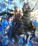  1boy army artist_request banner beard cape crown cygames dagger dual_wielding eachtar facial_hair glowing glowing_sword glowing_weapon gold_trim holding horse light_persona mustache official_art plate_armor reins riding shadowverse shoulder_armor sword weapon white_hair 