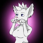 2015 abstract_background blue_eyes breasts claws cleavage clothed clothing cute digital_media_(artwork) ear_piercing elbow_tufts female fluffy_cheeks fur furgonomics furry-specific_piercing gesture kitch kittysune2000 mammal mohawk open_mouth piercing pink_nose rat rodent solo spikes teeth topless white_fur 