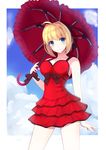  1girl ahoge blonde_hair blue_eyes blush dress fate/extra fate/grand_order fate_(series) high_resolution highres ribbon saber_extra short_hair sky smile solo umbrella unscpro 