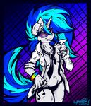  2014 abstract_background anthro anthrofied bracelet breasts clothed clothing equine eyewear fangs female friendship_is_magic fur glasses hair horn jewelry looking_at_viewer mammal mimy92sonadow multicolored_hair my_little_pony necktie panties red_eyes shirt solo tattoo underwear unicorn vinyl_scratch_(mlp) white_fur 