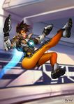  absurdres bodysuit boots brown_hair goggles highres legs looking_at_viewer orange_bodysuit overwatch pants short_hair smile solo thighs tight tight_pants tracer_(overwatch) woon_ir_vin 