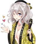  \||/ baseball_bat blue_eyes breasts chiune_(yachi) collarbone hanshin_tigers happi hat heart holding japanese_clothes kantai_collection kashima_(kantai_collection) large_breasts looking_at_viewer nippon_professional_baseball one_eye_closed open_clothes robe silver_hair solo tongue tongue_out twintails upper_body wavy_hair white_background wide_sleeves 