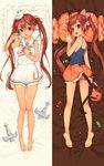  animal_ears bangs bare_shoulders barefoot bed_sheet bow brown_eyes brown_hair candy cat_ears cat_tail dakimakura dress flat_chest food full_body hair_bow kantai_collection kyuri_tizu libeccio_(kantai_collection) long_hair lying multiple_views on_back on_stomach open_mouth panties pillow skirt sleeveless sleeveless_dress soles striped striped_bow striped_panties tail twintails underwear white_skirt 