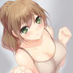  bad_id bad_pixiv_id bangs blush breasts brown_hair camisole cleavage clenched_hands closed_mouth collarbone eyebrows eyebrows_visible_through_hair forearms_at_chest from_above green_eyes grey_background hair_between_eyes hmniao large_breasts long_hair looking_at_viewer nail_polish original pink_nails ringed_eyes sleeveless solo upper_body 