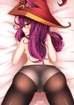  animal_ears ass back bed_sheet black_legwear blush breasts cameltoe cowboy_shot from_above from_behind green_eyes hat healther league_of_legends long_hair looking_at_viewer looking_back lulu_(league_of_legends) medium_breasts no_pants on_bed panties panties_under_pantyhose pantyhose profile purple_hair purple_skin red_hat sideboob solo top-down_bottom-up topless underwear underwear_only witch_hat yordle 