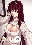  breasts cleavage directional_arrow fate/grand_order fate_(series) frame hand_on_own_head highres jh large_breasts long_hair long_sleeves looking_to_the_side meme_attire naked_sweater open-chest_sweater purple_hair reaching_out recording red_eyes red_hair scathach_(fate)_(all) scathach_(fate/grand_order) self_shot solo sweater taking_picture turtleneck upper_body viewfinder 