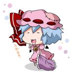  :3 bat_wings blue_hair bow brooch chibi closed_eyes commentary detached_wings drooling hat hat_bow jewelry mob_cap noai_nioshi open_mouth patch pillow puffy_short_sleeves puffy_sleeves red_bow remilia_scarlet short_hair short_sleeves solo touhou translated wings 