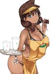  :q amano_megumi amano_megumi_wa_suki_darake! apron bangs bikini blue_eyes blush breasts brown_hair cleavage clipboard closed_mouth cowboy_shot cup dark_skin drinking_glass eyebrows eyebrows_visible_through_hair fang food food_on_face hai_ookami highres holding holding_spoon large_breasts leaning_forward licking_lips long_hair looking_at_viewer side-tie_bikini sidelocks smile solo spoon striped striped_bikini swimsuit tongue tongue_out tray twintails visor_cap 