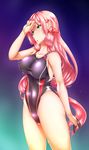  absurdres akashi_(kantai_collection) breasts competition_swimsuit f-rhine green_eyes hair_ribbon highres kantai_collection large_breasts long_hair one-piece_swimsuit open_mouth pink_hair ribbon solo swimsuit tress_ribbon water wet wiping_forehead 