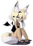  animal_ears bare_shoulders bat_wings between_legs blonde_hair blue_eyes blush camisole crop_top flip-flops fox_ears fox_tail hair_ornament hairclip hand_between_legs kemonomimi_mode looking_at_viewer no_panties original paprika_shikiso sandals short_hair simple_background sitting sleeveless solo tail tail_censor tears white_background wings 