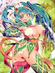  animal_ears aqua_eyes armor ass blue_hair blush breasts center_opening covered_nipples cowboy_shot eyepatch fang fingerless_gloves from_behind gloves holding holding_weapon large_breasts leotard long_hair looking_at_viewer looking_back solo sword tail thighhighs twintails twisted_torso watermark weapon zasha 