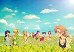  6+girls :d ^_^ arm_up ayase_eli ayase_eri black_hair blonde_hair blue_eyes blue_hair bow brown_hair chasing cloud clouds clover commentary_request dandelion_seed eyes_closed field flower flower_field flowers four-leaf_clover hair_bow hair_flower hair_ornament hands_together highres hoshizora_rin jacket koizumi_hanayo kousaka_honoka lilylion26 long_hair long_sleeves love_live!_school_idol_project minami_kotori multiple_girls nishikino_maki one_side_up open_mouth orange_hair ponytail purple_eyes purple_hair red_eyes red_hair short_hair short_sleeves signature skirt sky sleeves_rolled_up smile sonoda_umi toujou_nozomi twintails waving yazawa_nico yellow_eyes 