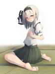  barefoot black_hairband blush full_body green_eyes hairband highres hikiniku konpaku_youmu looking_at_viewer nose_blush on_floor open_clothes open_mouth open_shirt puffy_sleeves sarashi shirt short_sleeves silver_hair sitting skirt soles solo toes touhou white_background 