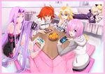  6+girls :d artoria_pendragon_(all) asterios_(fate/grand_order) bed blonde_hair blue_eyes border breasts cellphone cleavage euryale fate/grand_order fate_(series) food fruit fujimaru_ritsuka_(female) gameplay_mechanics gauntlets glasses green_eyes hair_over_one_eye health_bar helmet hood hoodie jeanne_d'arc_(fate) jeanne_d'arc_(fate)_(all) kotatsu leonardo_da_vinci_(fate/grand_order) looking_at_viewer lying mandarin_orange mash_kyrielight medium_breasts multiple_girls on_stomach open_mouth orange_eyes orange_hair phone pillow pink_border purple_eyes purple_hair rider saber_alter saber_lily shirotsumekusa short_hair small_breasts smartphone smile sweatdrop table teeth touchscreen twintails 