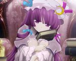  book book_hug crescent crescent_hair_ornament expressionless frills gosick hair_ornament hair_ribbon hat holding holding_book jpeg_artifacts knees knees_together knees_up leg_hug long_hair long_sleeves neck_ribbon patchouli_knowledge pile_of_books purple_eyes purple_hair ribbon sitting solo touhou tsurime very_long_hair woofey 