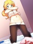  black_legwear blonde_hair cat_ear_panties dutch_angle ellen_baker full_body green_eyes kneeling looking_at_viewer magma_chipmunk navel new_horizon panties pantyhose ponytail scrunchie see-through solo underwear undressing white_panties yes yes-no_pillow 