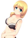  aqua_eyes black_bra black_panties blonde_hair bra breasts cleavage collarbone ellen_baker hayashi_custom highres large_breasts long_hair looking_at_viewer navel new_horizon panties silver_hair smile solo underwear underwear_only upper_body 