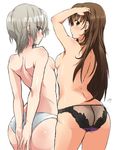  anastasia_(idolmaster) ass back black_panties blue_eyes breasts brown_eyes brown_hair idolmaster idolmaster_cinderella_girls long_hair multiple_girls nitta_minami panties shift_(waage) short_hair sideboob silver_hair small_breasts topless underwear white_panties 