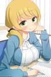  black_scrunchie blonde_hair blue_jacket blush breasts caucasian chin_rest desk ellen_baker eyebrows eyebrows_visible_through_hair green_eyes hair_ornament hair_scrunchie jacket kemu_(guruguru_dan) large_breasts looking_at_viewer low_ponytail new_horizon non-asian scrunchie smile solo 