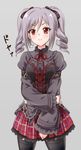  drill_hair idolmaster idolmaster_cinderella_girls kanzaki_ranko red_eyes silver_hair smile solo thighhighs translated twin_drills twintails uraichishi 