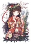  1girl absurdres bangs berries blush brown_eyes brown_hair commentary dolphro-kun eyebrows_visible_through_hair floral_print flower hair_flower hair_ornament head_tilt highres japanese_clothes kimono long_hair long_sleeves looking_at_viewer obi original parted_lips pinecone print_kimono red_flower red_kimono sash simple_background solo symbol_commentary very_long_hair white_background white_flower wide_sleeves 